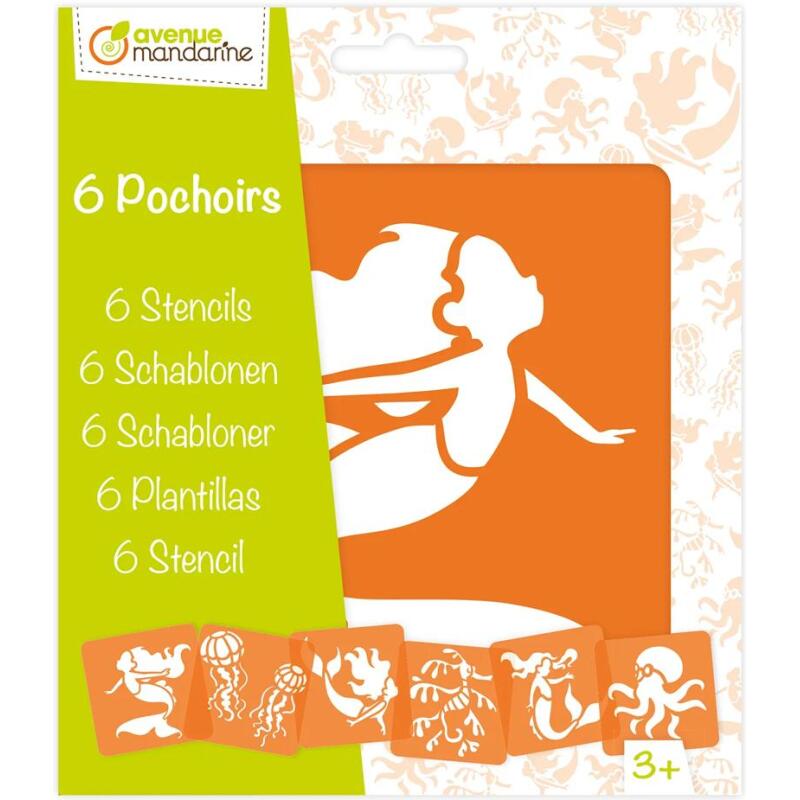 Set de 6 pochoirs enfants, Sirènes et créatures marines - Orange