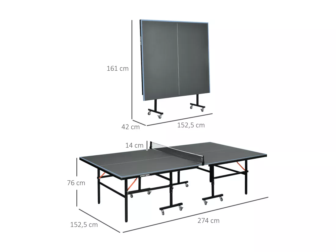 Table de ping pong tennis de table pliable 8 roues - filet, 2 raquettes, 3 balles inclus - noir gris