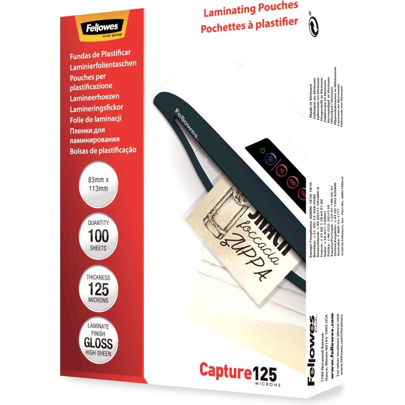 Pochettes de plastification Fellowes brillantes 83 x 113 mm 125 µ brillantes - Boîte de 100