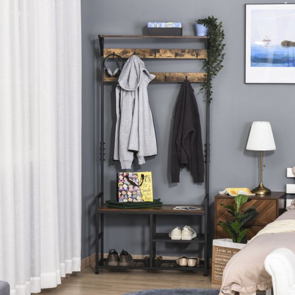 Homcom Cabide com Estante de Sapatos Cabide de Entrada com 3 Prateleiras 9 Ganchos Pernas Ajustáveis de Estilo Industrial 84x34,5x180 cm Preto e Marrom