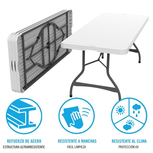 Mesa retangular com pés dobráveis, efeito granito branco, Lifetime, 182 x 76 x 73,5 cm
