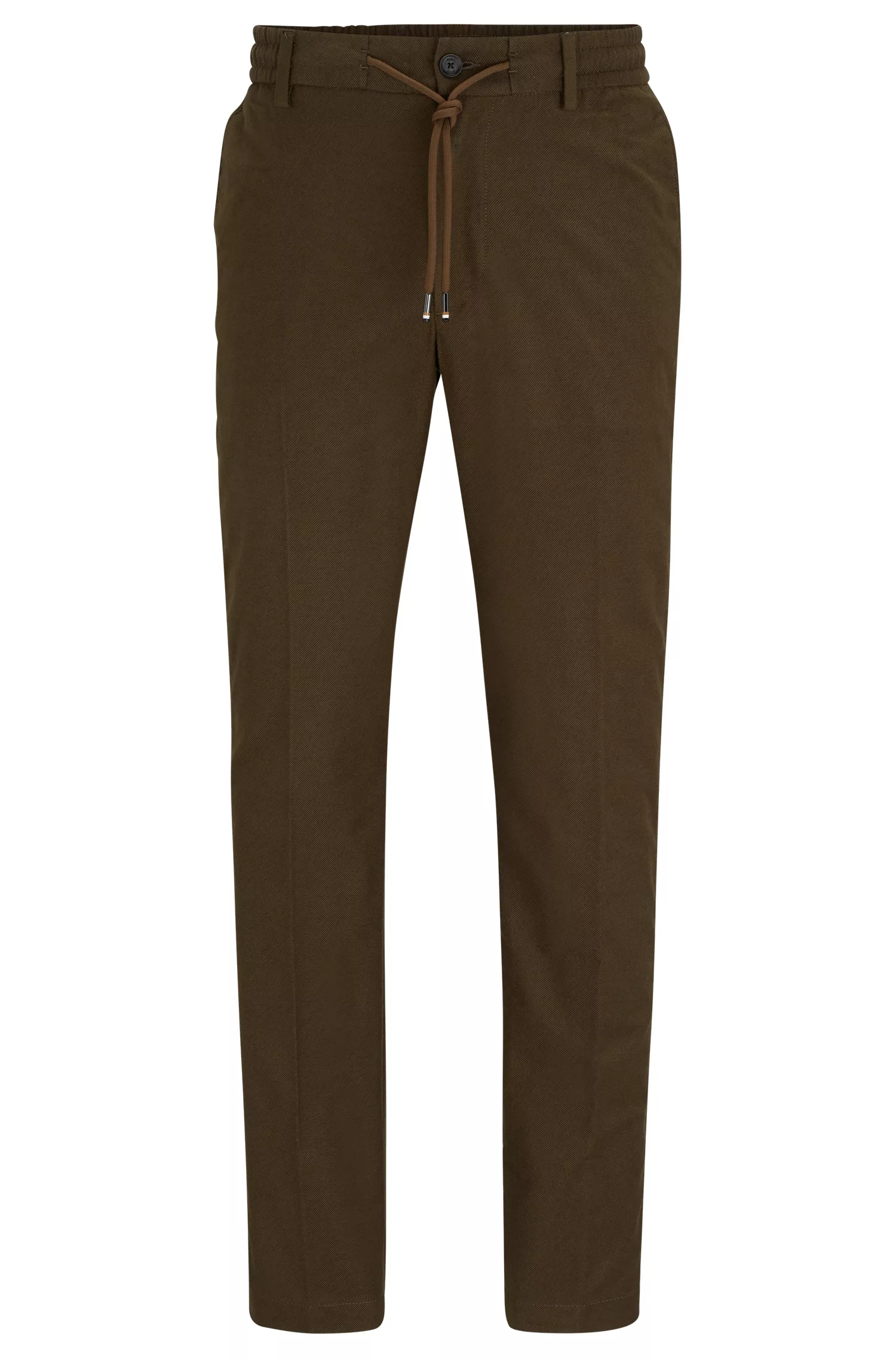 Calça BOSS preta, corte slim, em sarja de algodão misto.