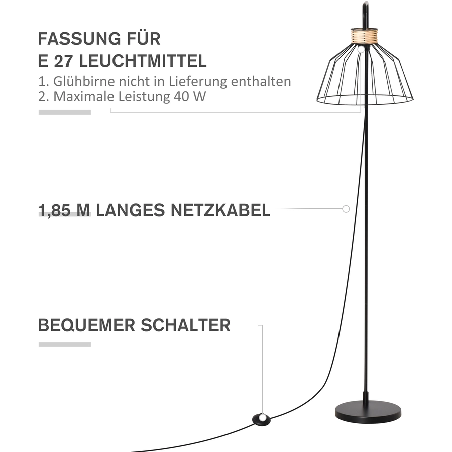 HOMCOM Stehlampe mit Kabel schwarz