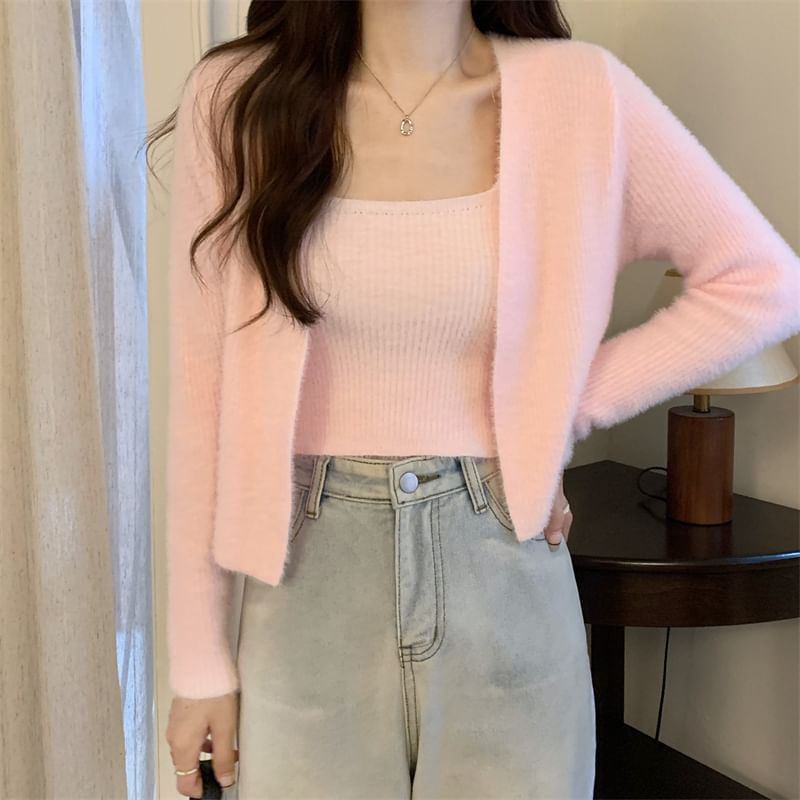 Ukiyo - Set: Effen gebreide camisole top + vest