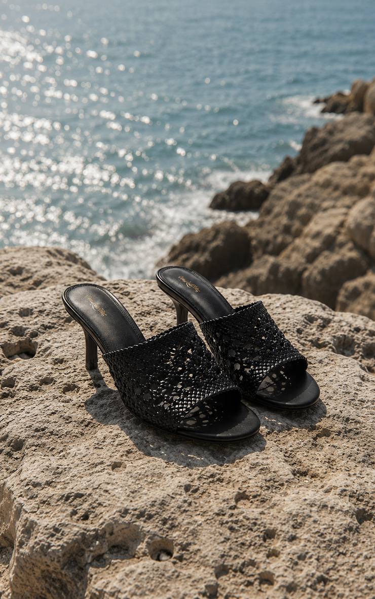 Noir Mules Tressées À Talon Moyen En Synthétiquecuir