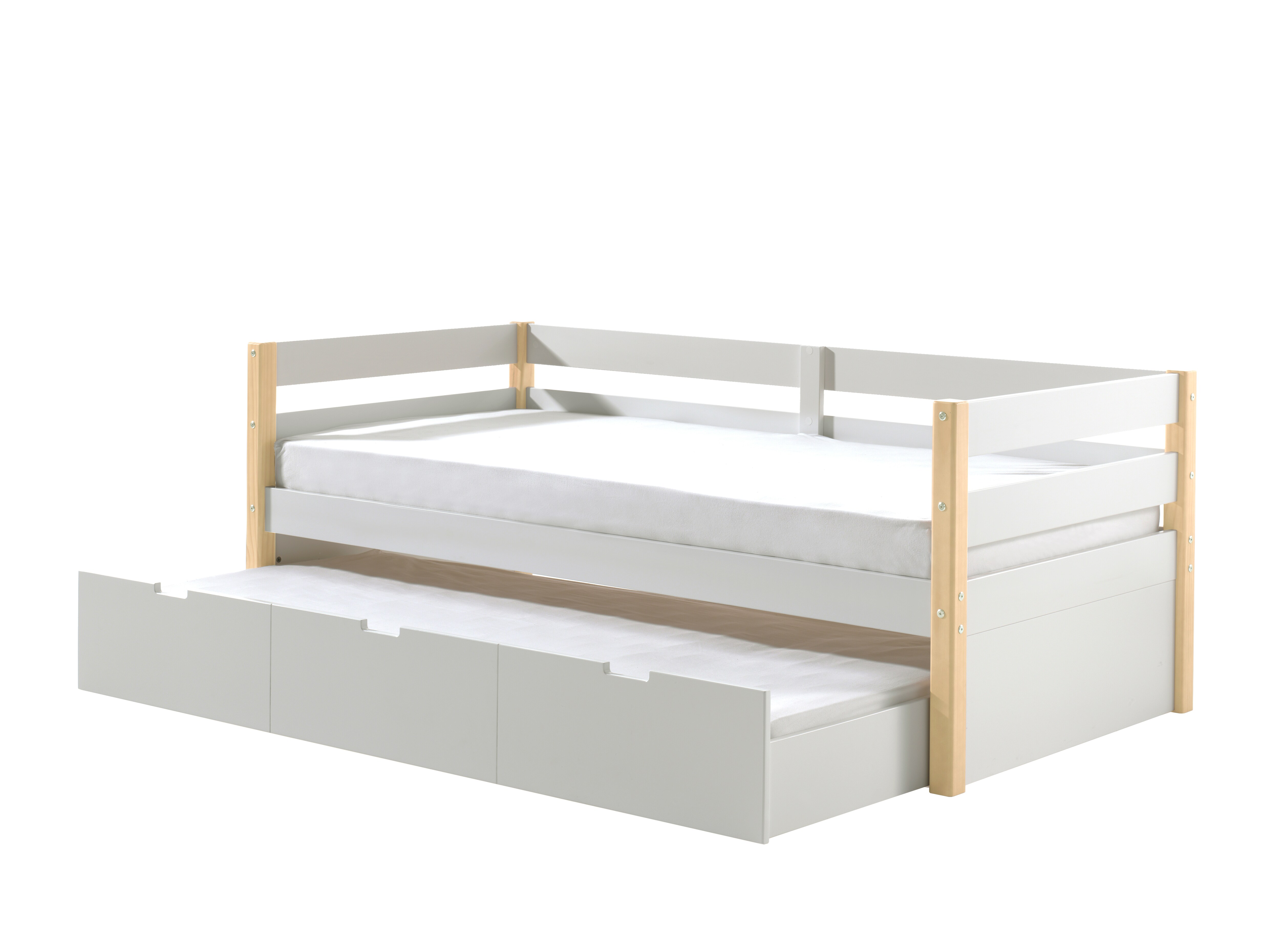 Kojen Bett Margrit mit Umrandung u. Rolllattenrost, Liegefläche 90 x 200, inkl. Bettschublade auf Rollen, Ausf. Weiß lackiert, Bettpfosten Kiefer natur lackiert