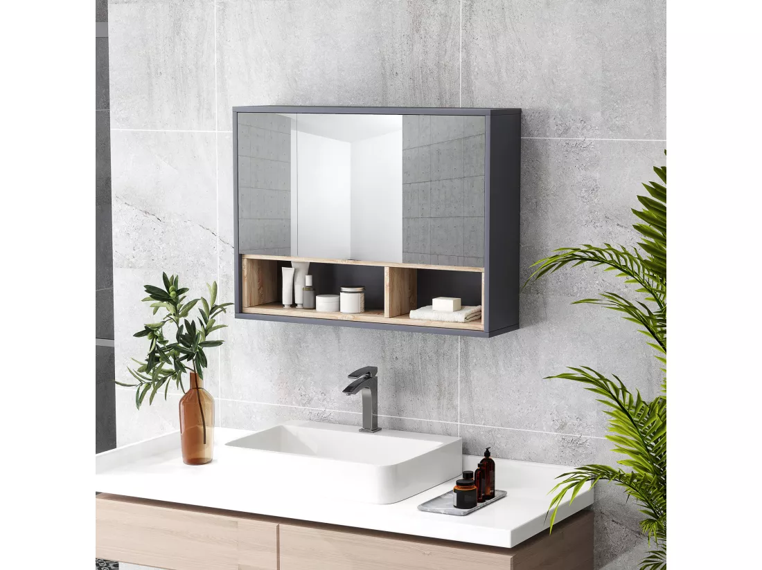 Armoire miroir de salle de bain - 3 portes, 3 étagères, 2 niches - dim. 80 x 20 x 60 cm - gris effet bois clair naturel