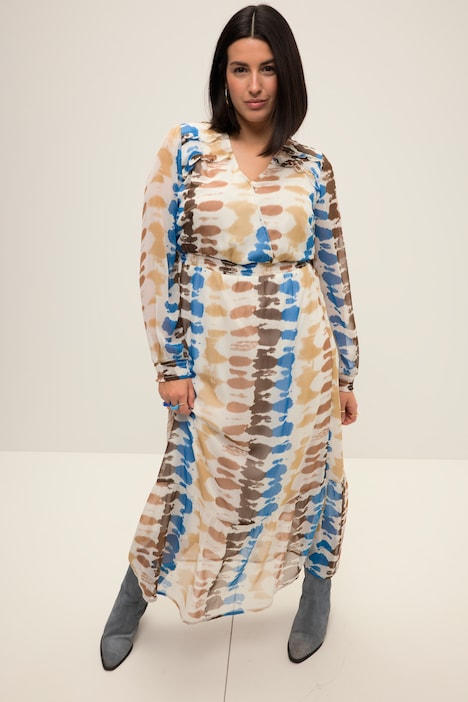 Maxikleid, A-Line, Batik Print, V-Ausschnitt, Langarm