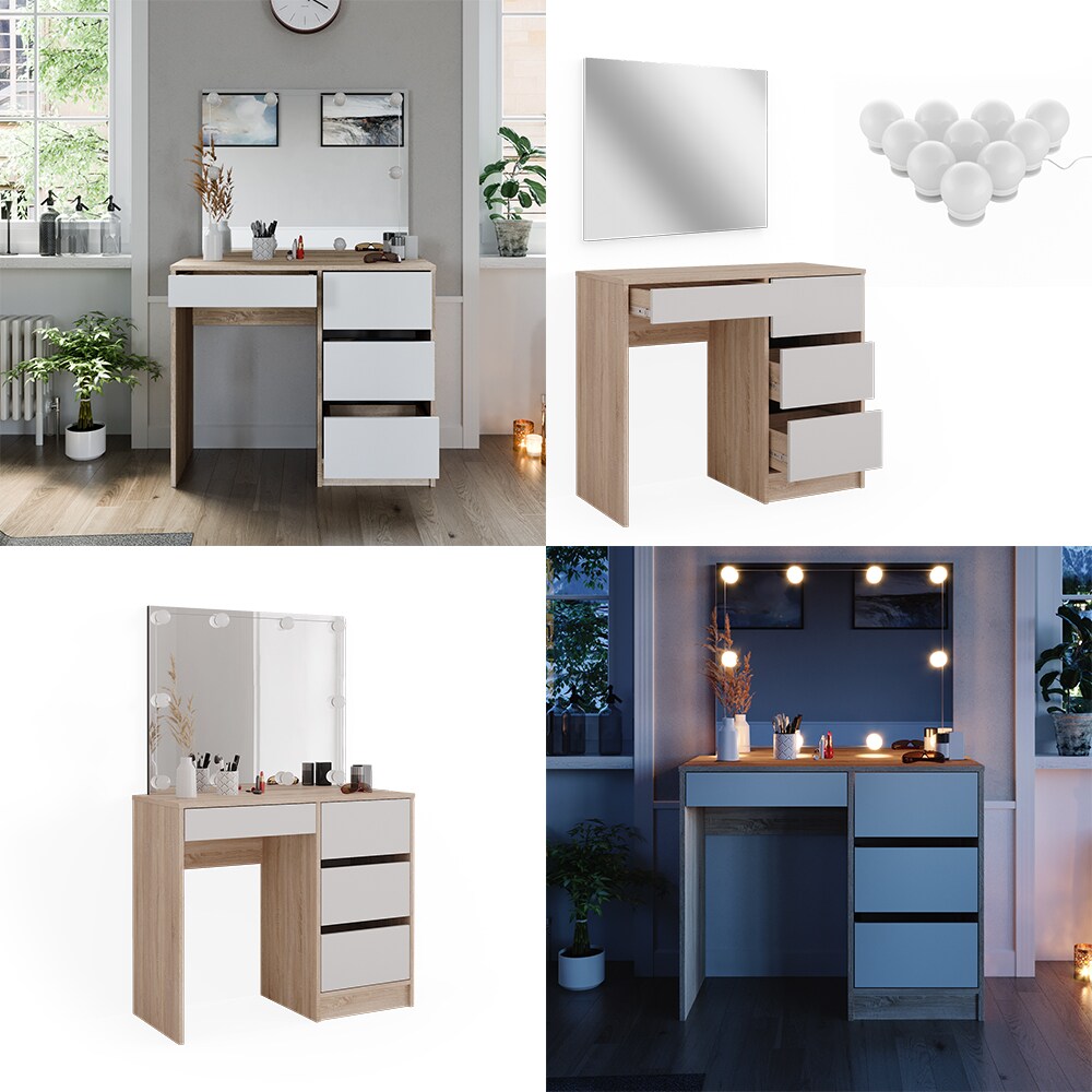 Vicco Schminktisch Sherry Sonoma Weiß, 90 x 75 cm, Spiegel, LED, Frisiertisch