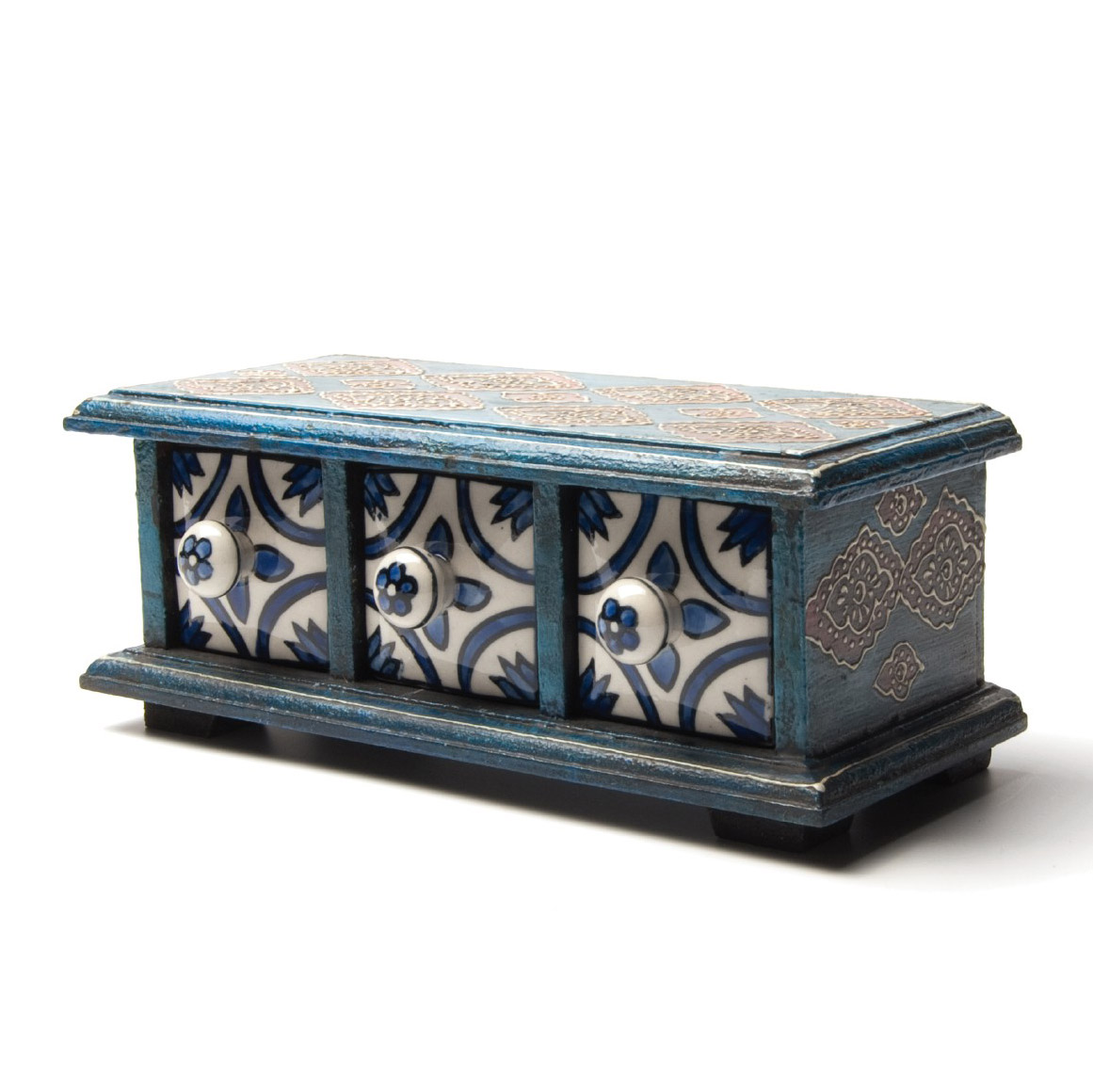 Schubladentruhe mit 3 Schubladen, blau/weiß/türkis, L 10 cm, B 24 cm, H 8,5 cm von fischer's lagerhaus
