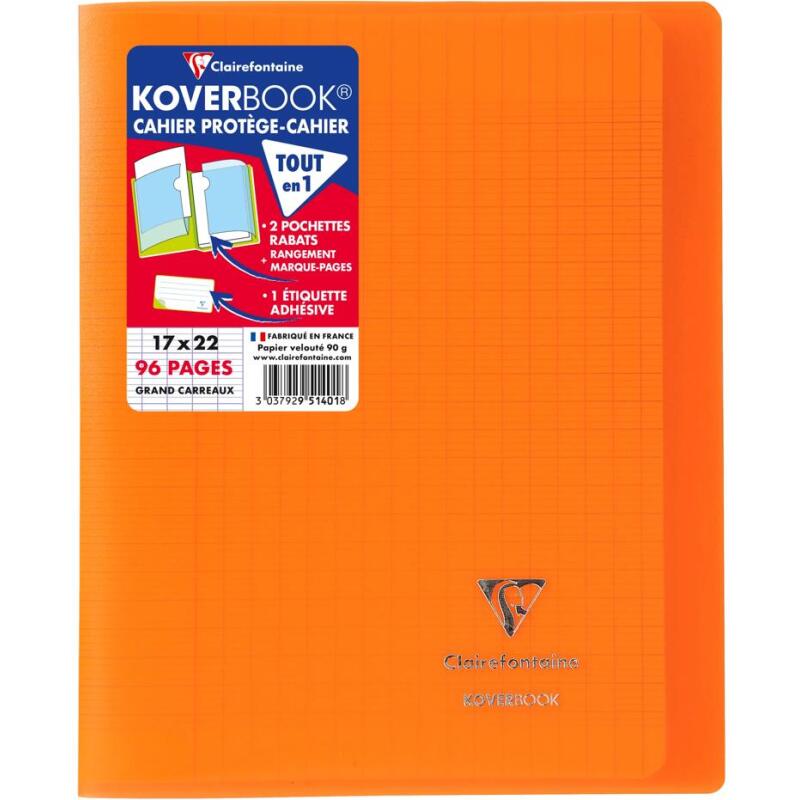 Cahier piqué Koverbook 17x22cm 96 pages grands carreaux couverture polypropylène transparent - Assortis
