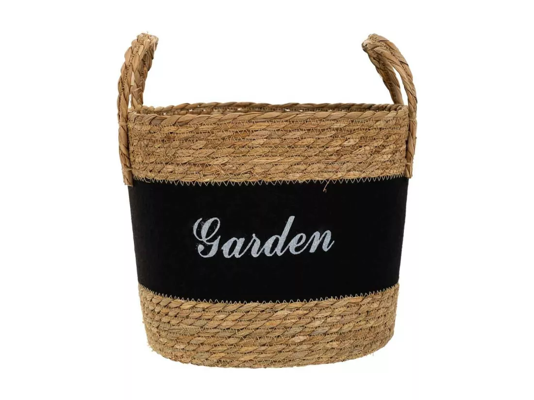 Panier en fibre naturelle et coton noir d31,5x25,5/33h