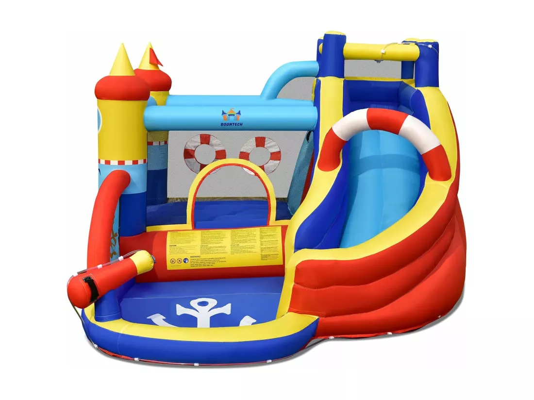 Aquatique Gonflable 6 en 1 avec Toboggan Incurvé Piscine à Eclaboussures Jeu Cible et Canon à Eau pour Enfants 3-10 ans（sans Gonfleur)