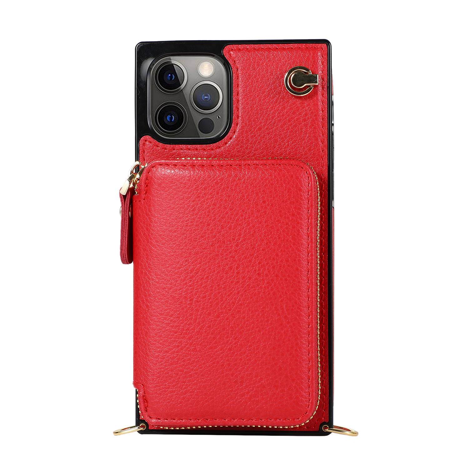 iPhone 13 Pro Necklace Leder Schutz Hülle mit Kartenfächer   Handykette (140cm) - Rot