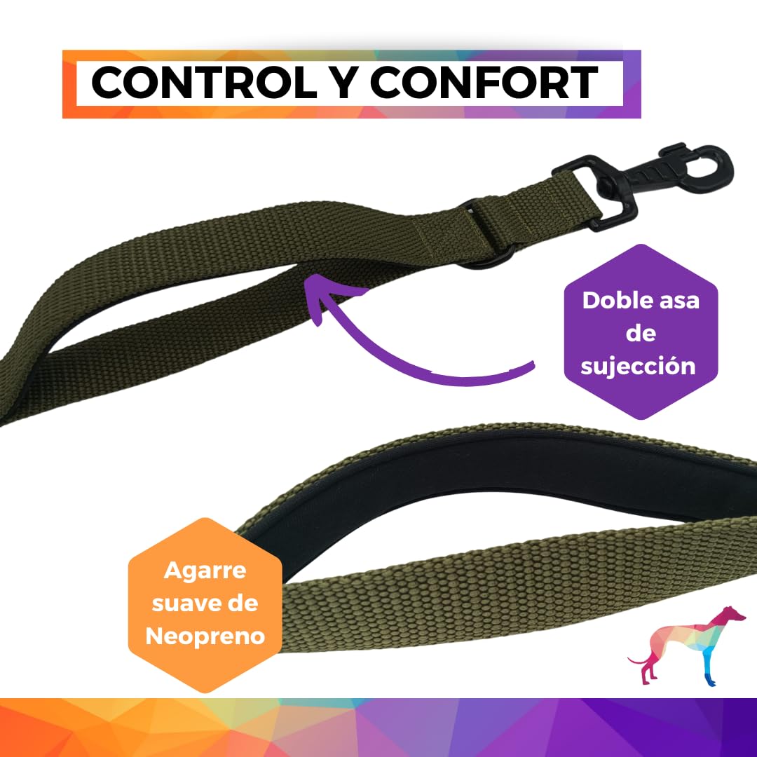 Guia para cães EGV com múltiplas posições e alça dupla de neoprene. Guia para cães que permite o uso com as mãos livres, com 2,5 metros de comprimento. (Verde militar)