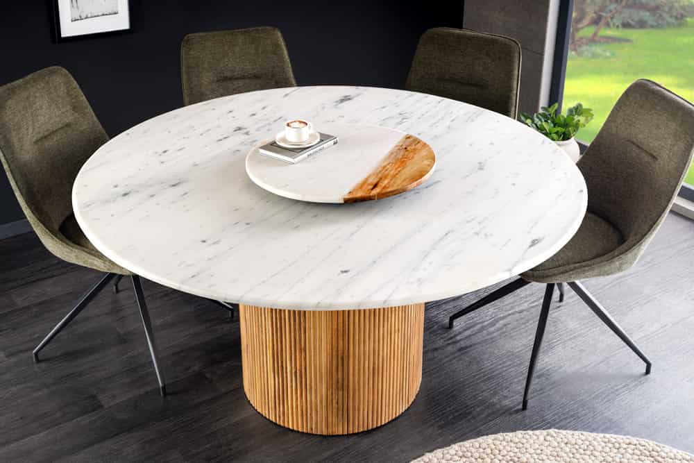 Design Esstisch TRES CHIC 140cm weiß Marmorplatte rund braun Mangoholz