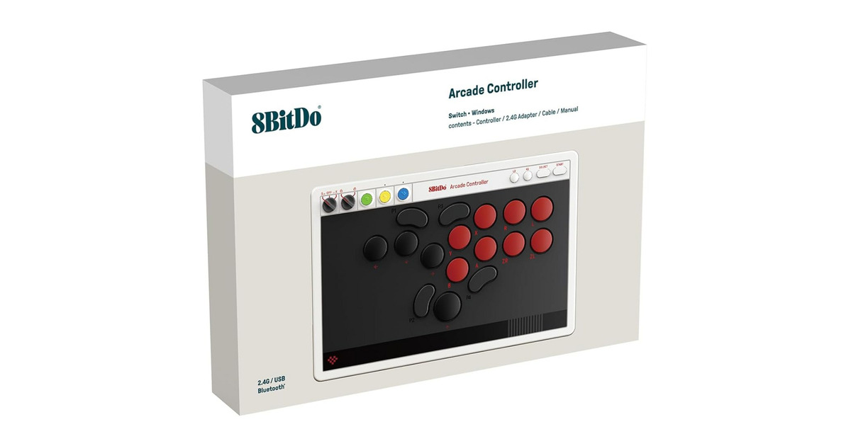 8BitDoArcade Controller  (Grijs/rood, 2.4 GHz / Bluetooth / USB, Nintendo Switch, Pc)