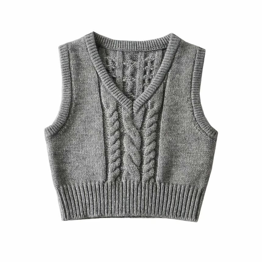 Asiris - V-hals effen cropped kabelgebreid vest