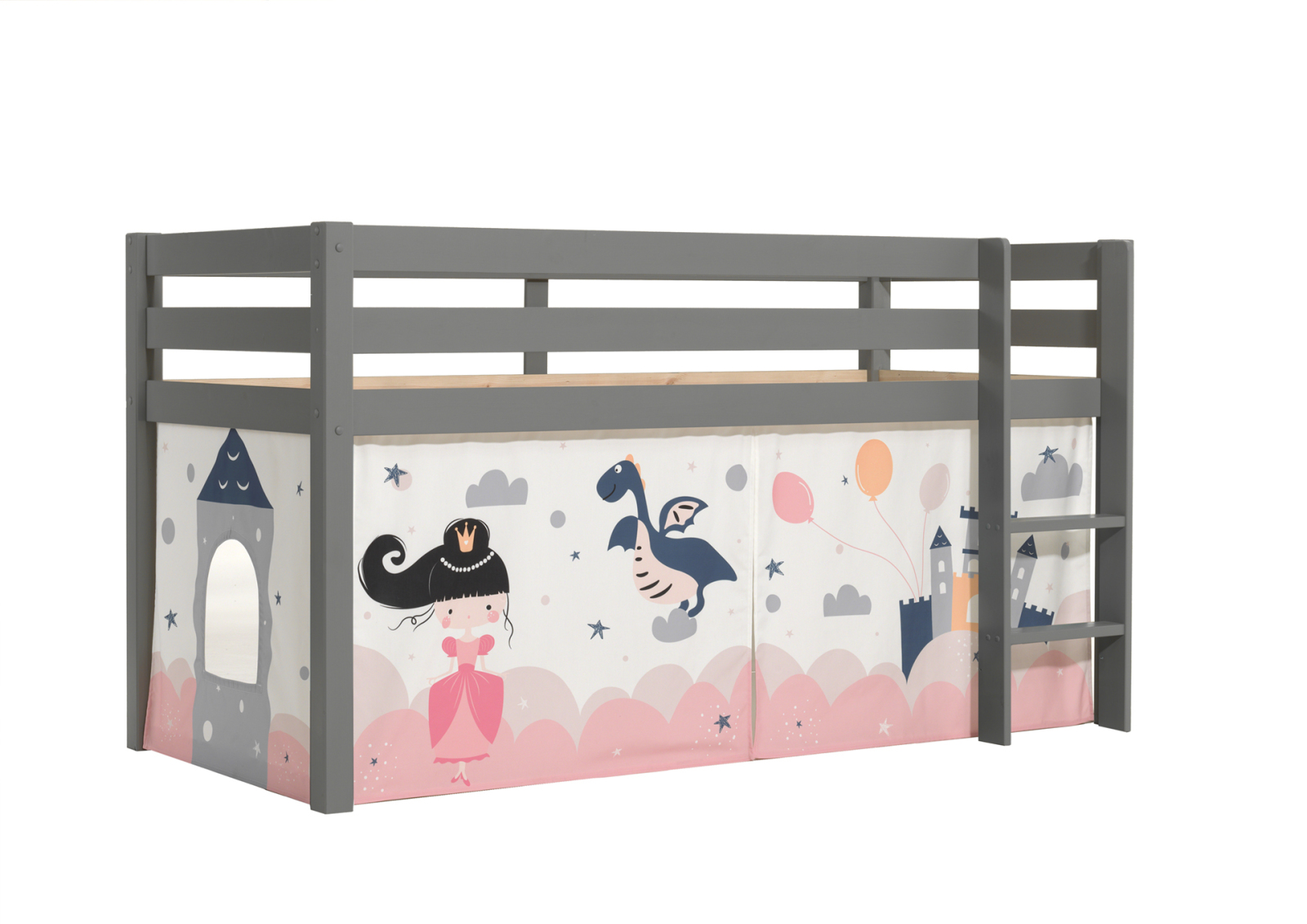 Halbhochbett PINO - PRINCESS SOPHIE - Kiefer grau Massivholz - 90x200 cm
