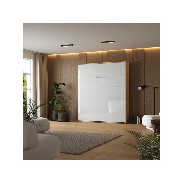 Lit Escamotable 160x200cm Vertikal M1 Lit Mural Chene Kaiserberg blanc Brillant Lit