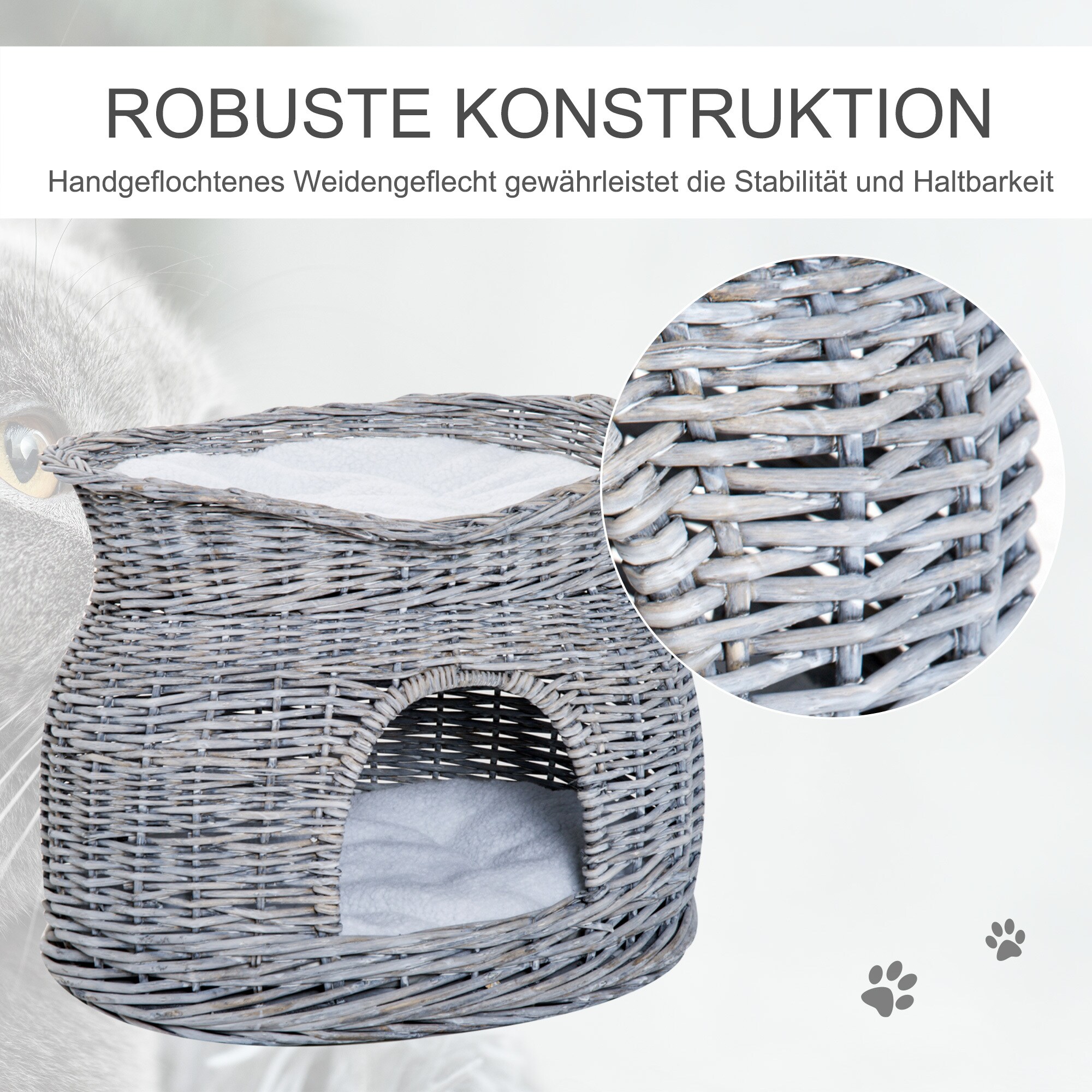 PawHut Katzenkorb mit 2 Kissen grau 56 x 37 x 40 cm (LxBxH)