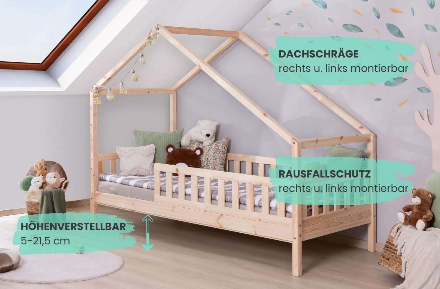 TiCAA Hausbett Bodenbett wandelbar mit asymmetrischem Lou 90/100/120/140x200 cm für Jungen & Mädchen, inkl. Rolllattenrost, Zusatzbett & Rausfallschutz, Montessori Bett aus Kiefer Massivholz