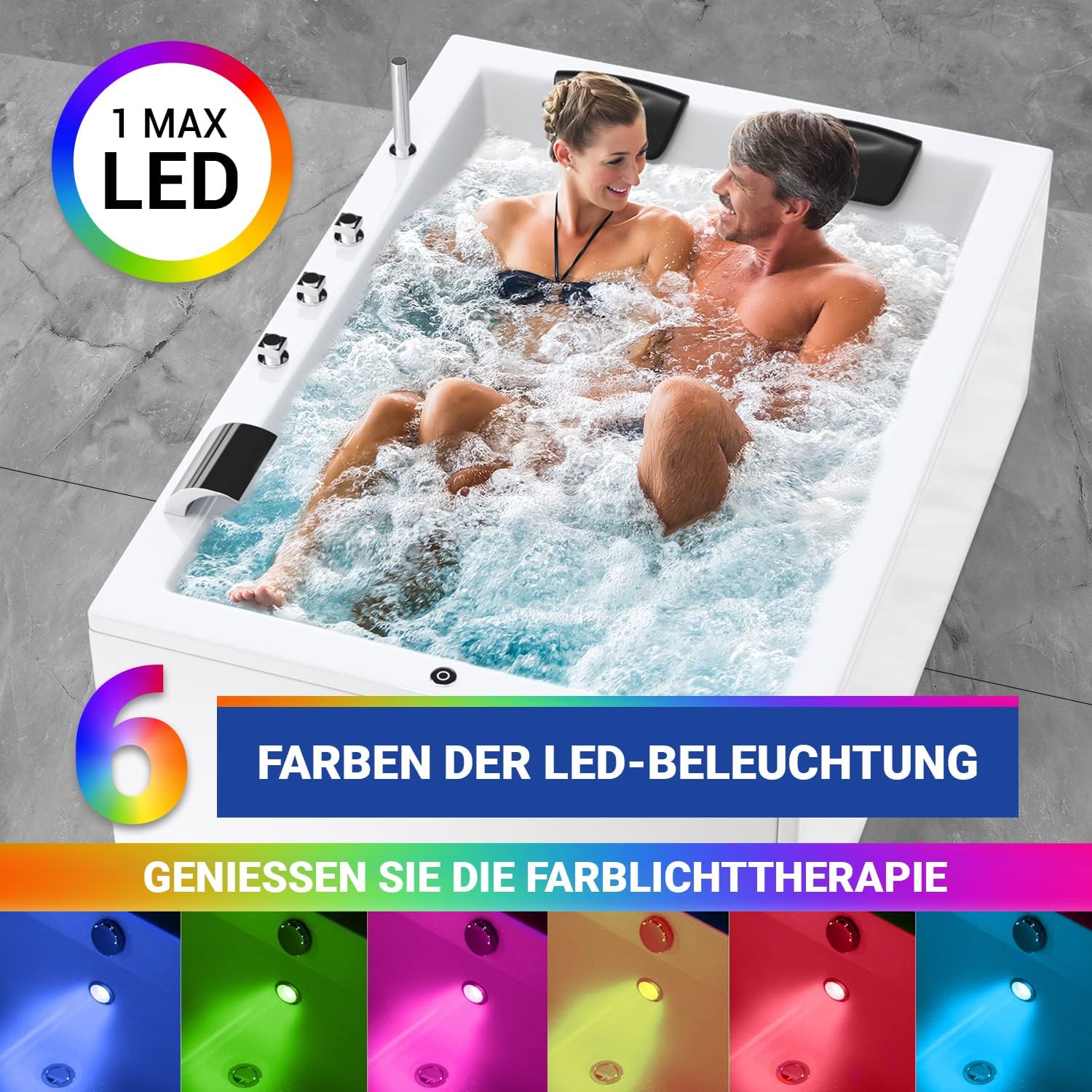 AQUADE Jacuzzi 2 Person Whirlpool Marburg LUX XL 180x130 mit LED Whirlpool Beleuchtung, Armatur Whirlpool Badewanne & Badekissen für Badewanne Whirlpool 2 Personen/Badewanne Komplett Set