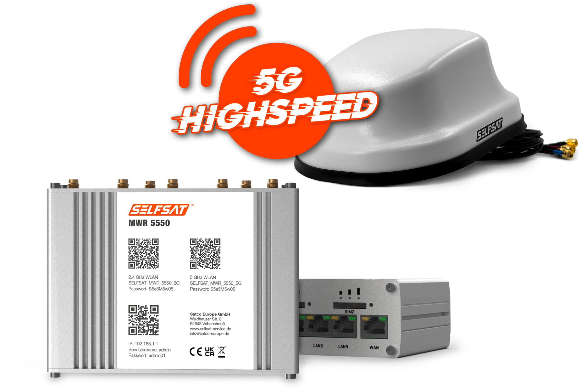 Selfsat 4G / LTE / 5G & WLAN Internet Router Komplettset MWR 5550 bis 3,3 Gbps inkl. 5G Dachantenne weiß