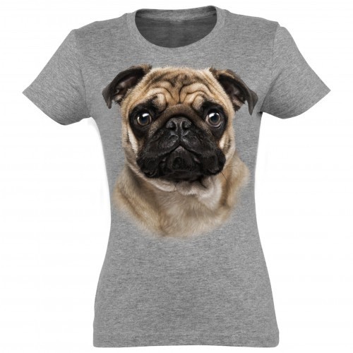 Camiseta feminina com estampa de pug, cinza