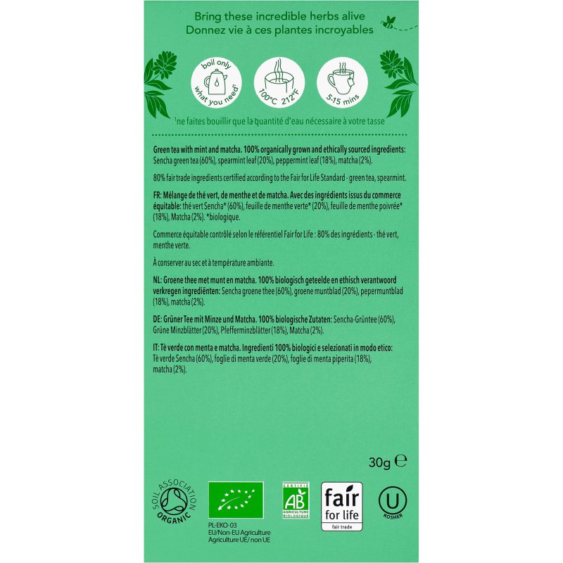 Thé vert menthe et matcha Bio Pukka - Boîte de 20 sachets