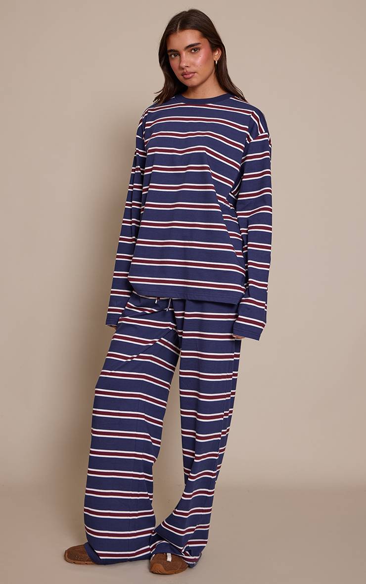 Navy Stripe Pantalon Large À Rayures Avec Cordon De Serrage