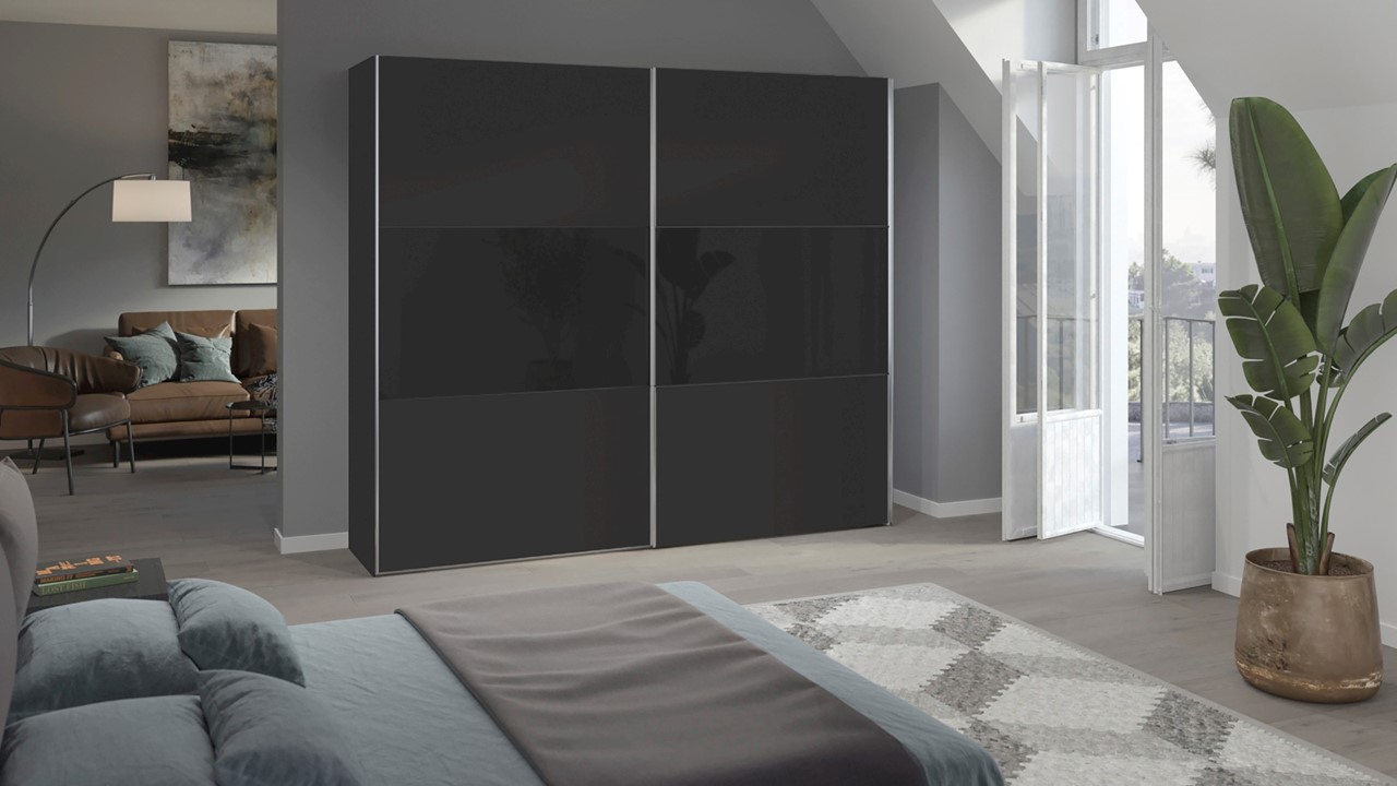 Schuifdeurkast Kixx met hout- en glaspanelen zwart