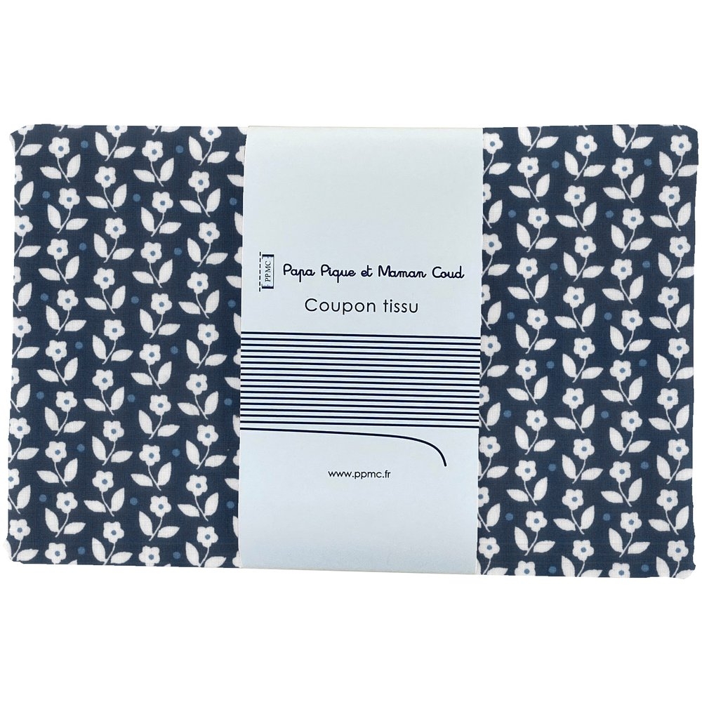 Coupon Tissu 1 M Ex1097 Fleurs Blanc Marine