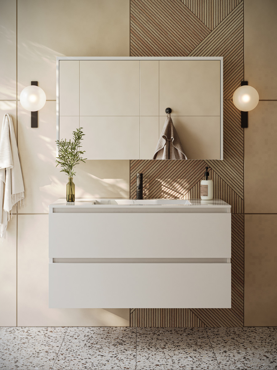 Fontana Rovigo badmeubel 100cm wit mat met witte wastafel met kraangat en spiegelkast zonder verlichting