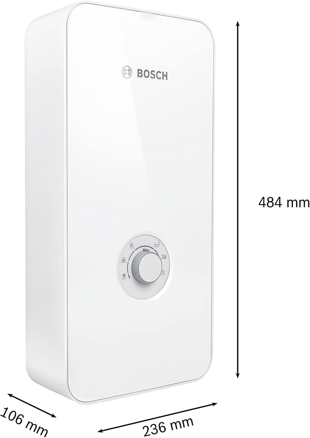 Bosch elektronisch geregelter Durchlauferhitzer Tronic Comfort AquaStop 21/24/27 kW - Umschaltbar, druckfest, stufenlose Temperaturwahl, moderne Glas-Optik, weiß [Energieklasse A]