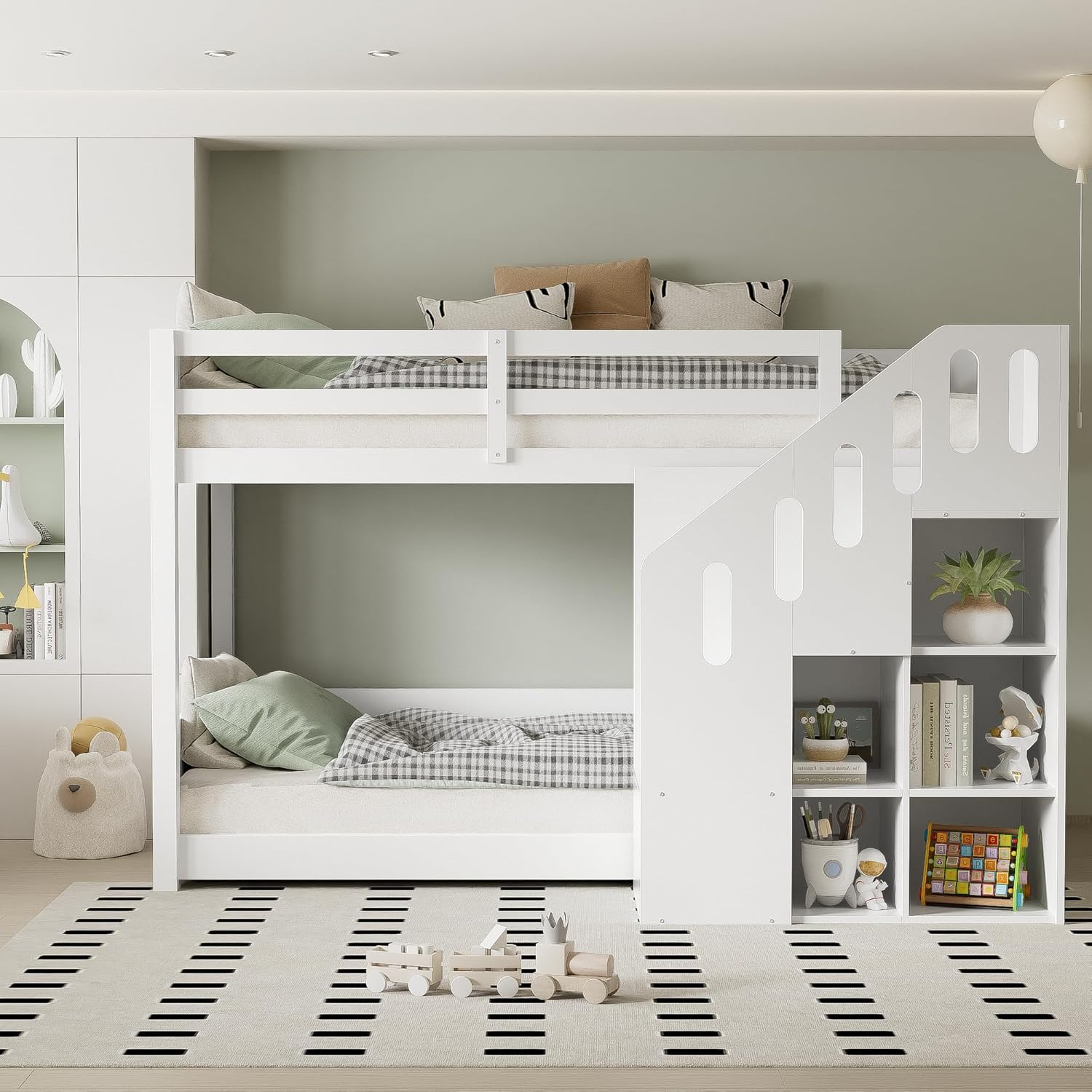 90x200cm Hochbett für 2 Kinder, Kinder Etagenbett Doppelbett mit Treppen und Schließfächern, Multifunktionales Kinderbett Rausfallschutz mit Stabiles Geländer, Weiß
