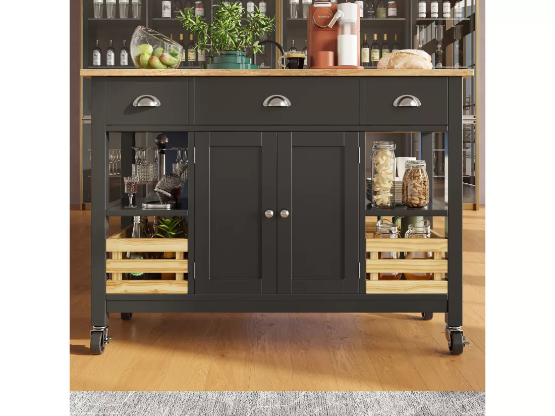 Ilot central de cuisine mobile avec 3 tiroirs, 2 portes et panier de rangement - plateau extensible - 120x45/73x90 cm - Bois MDF - Noir