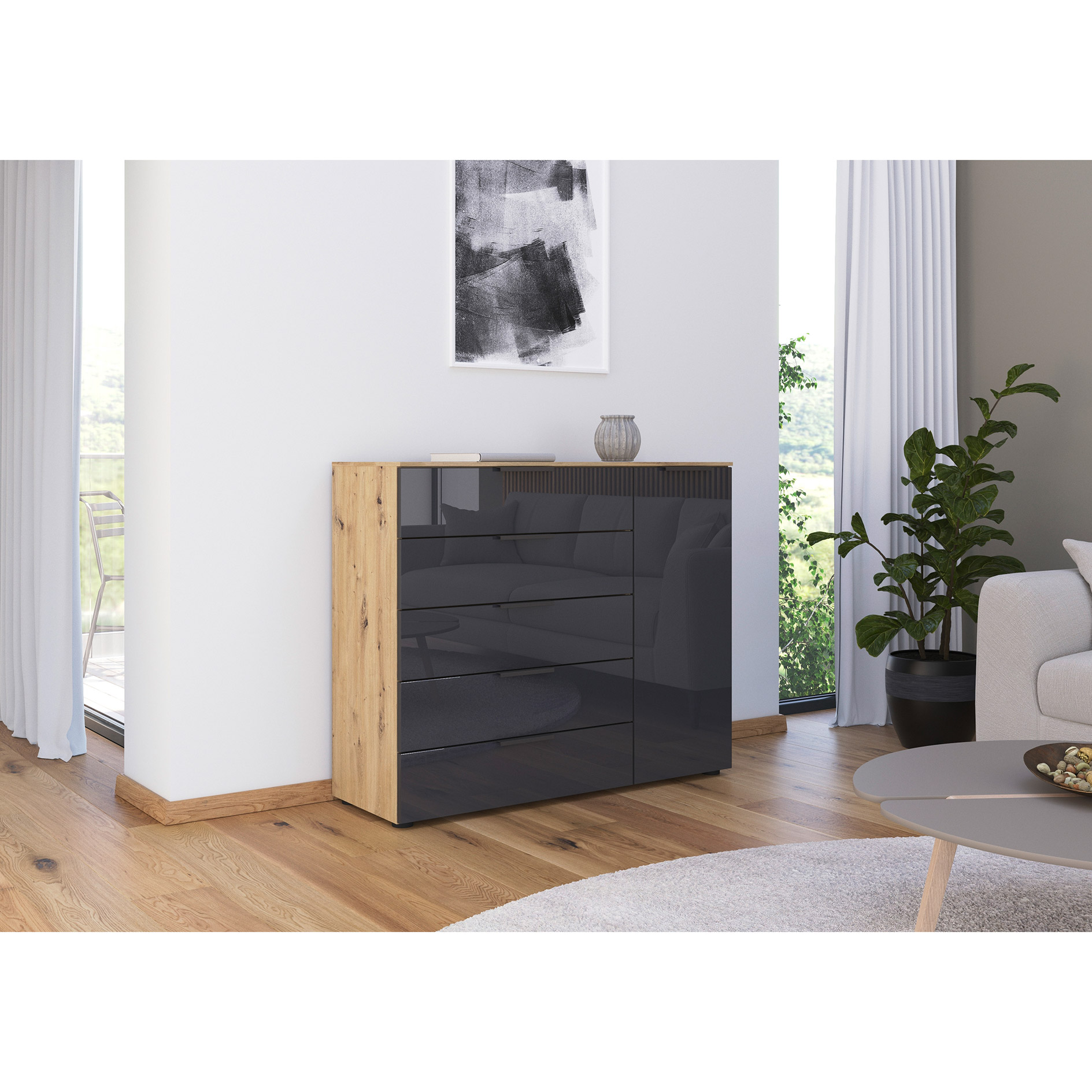 Kommode - Artisan Eiche - Basaltglas - Graphitgriffe - 120 cm