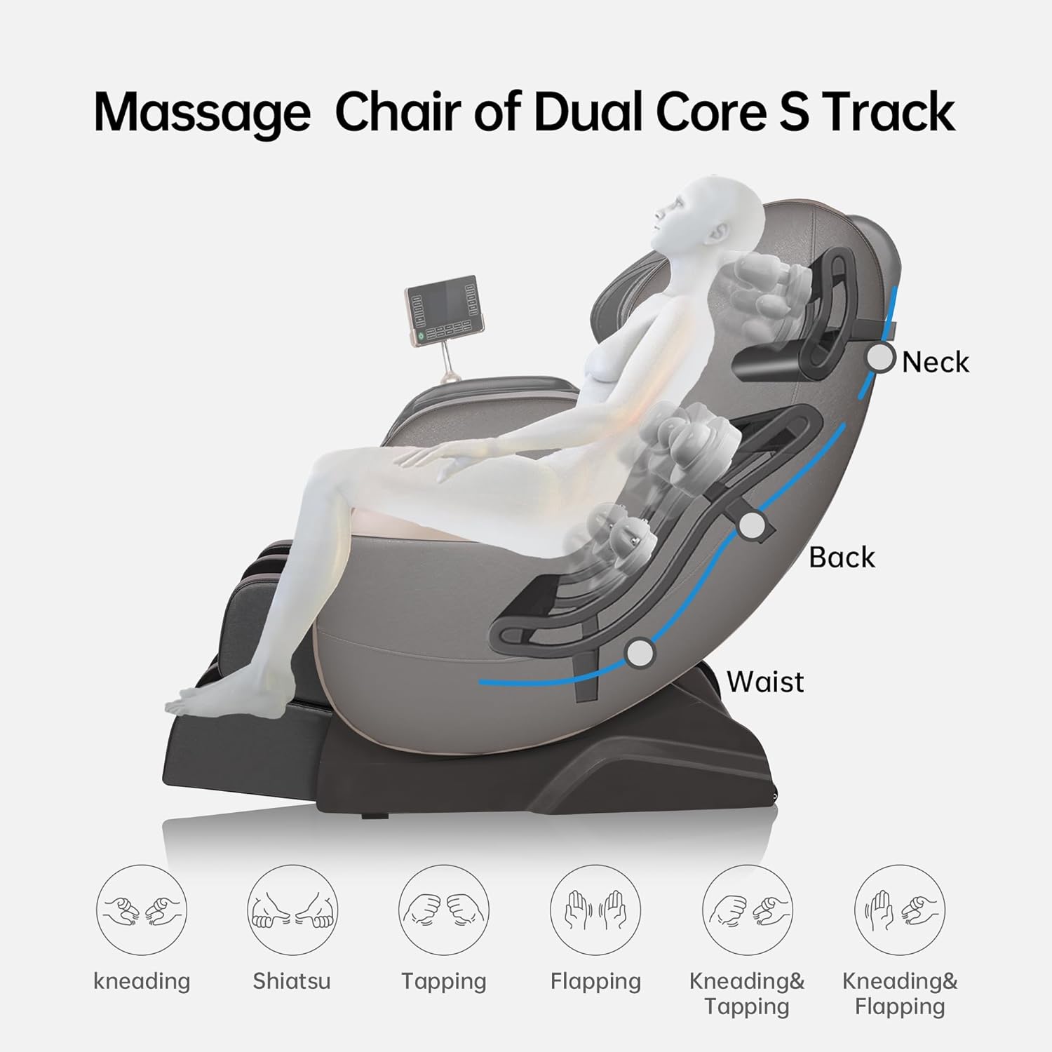 Poltrona de Massagem Real Relax 2024 com Trilho S de Núcleo Duplo, Massagem Corporal Completa, Reclinável com Gravidade Zero e Controle por Aplicativo, Preta e Cinza