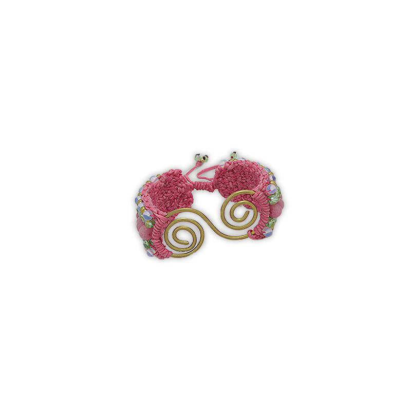 Bracelet rose en coton Spirale dorée et Perles Jade, Opale et Verre