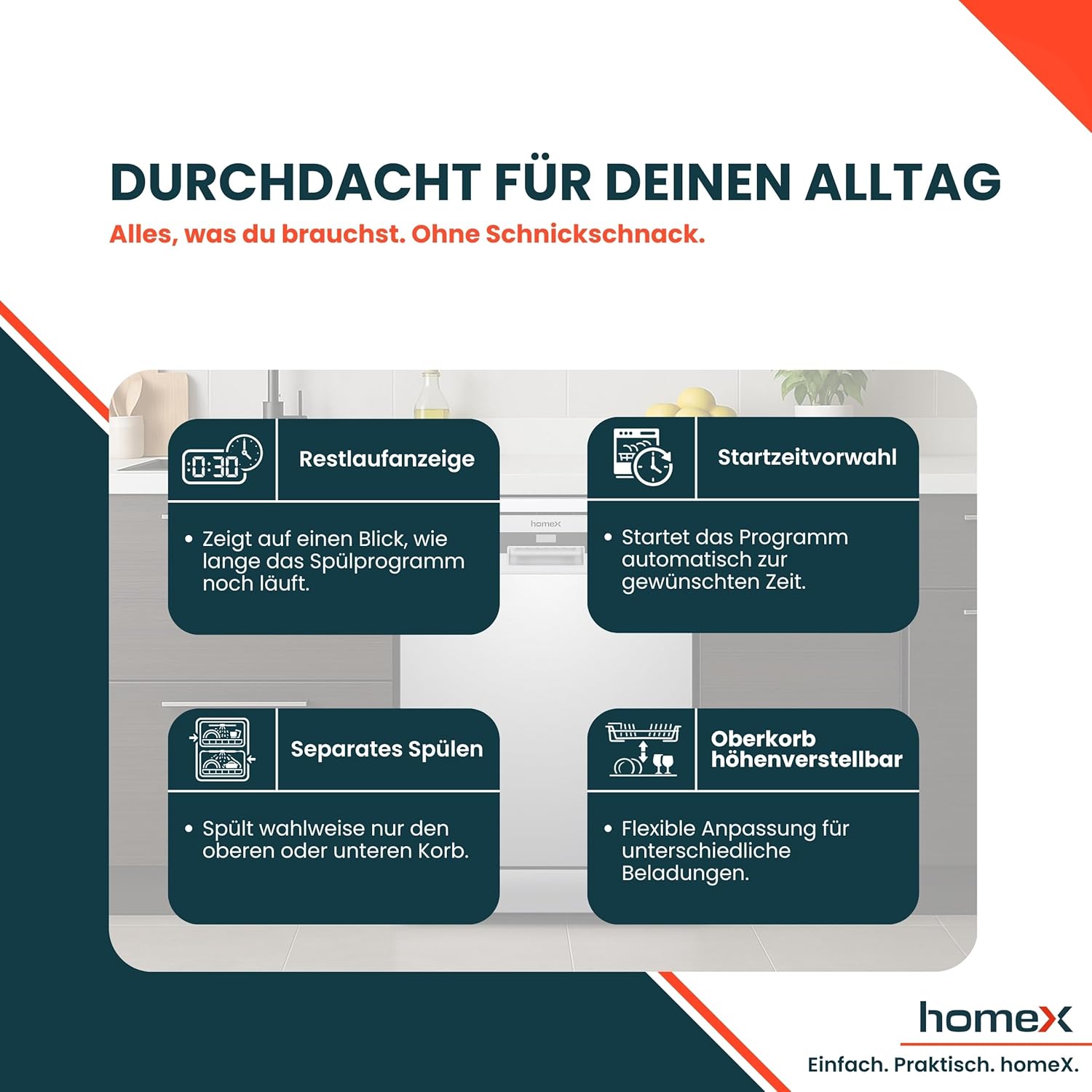 homeX Geschirrspüler 60 cm, Spülmaschine freistehend - 14 Maßgedecke, 7 Programme, AquaStop, Besteckschublade, 44 dB, Startvorwahl, Überlaufschutz, Automatische Türöffnung, Unterbaufähig, Silber