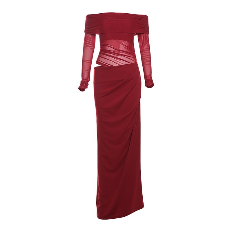 Bababy - Lange mouw off-shoulder maxi-jurk met effen kleur