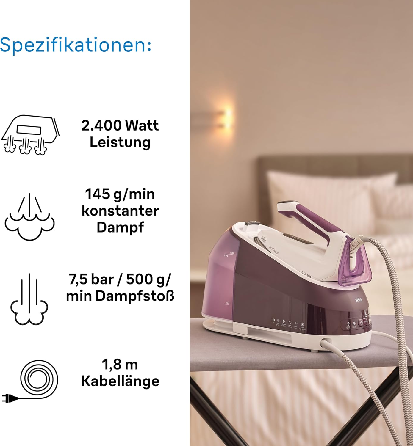 Braun CareStyle 5 IS5247VI Dampfbügeleisen mit FreeGlide-Technologie 3D, 145 g/min Dampf, schnelles Aufheizen, iCare-Modus, vertikales Bügeln, abnehmbarer 2-L-Tank, 2400 W, Violett