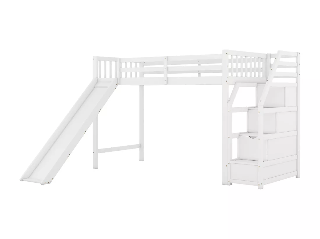 Lit mezzanine 90x200cm, lit enfant avec toboggan, échelle de rangement, certifié EN747, blanc