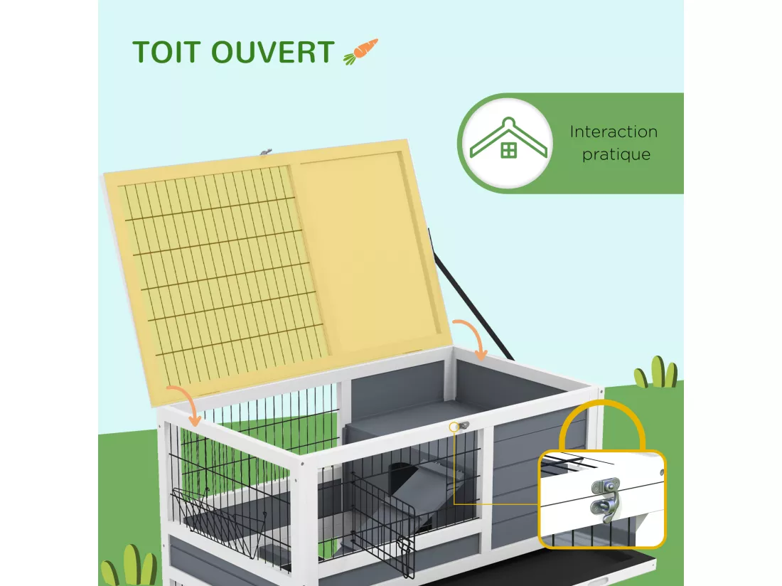 Clapier cage lapin sur roulettes - 2 niveaux, 2 plateaux, 3 portes, rampes - bois sapin gris blanc