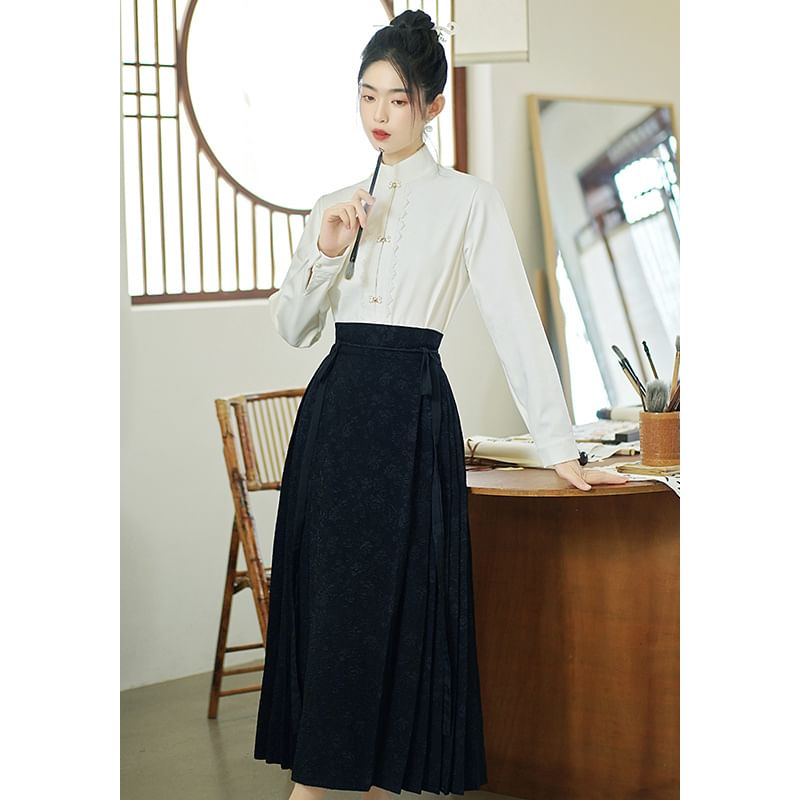 Fioridi - Bandkraag Hanfu Top / Midi A-lijn Rok met Middelhoge Taille