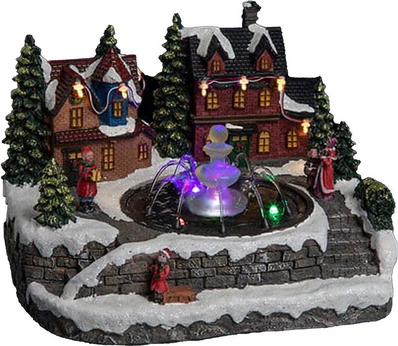 Feeric Lights - Kerstdorp Tafereel - Huisjes met Fontein - LED Licht - 24 cm