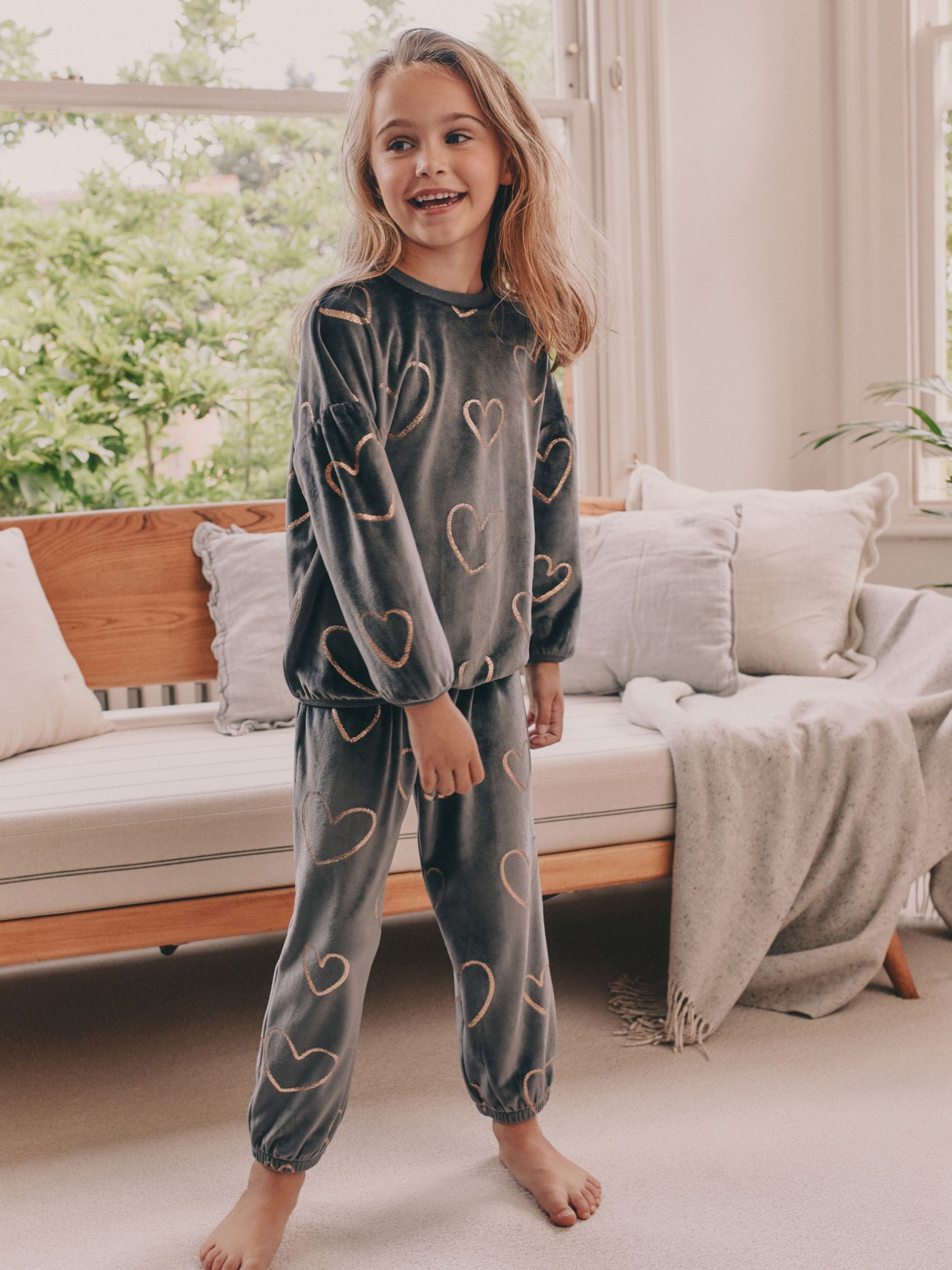Metallic antracietgrijs hart - Behaaglijke fleece pyjama (9 mnd-16 jr)