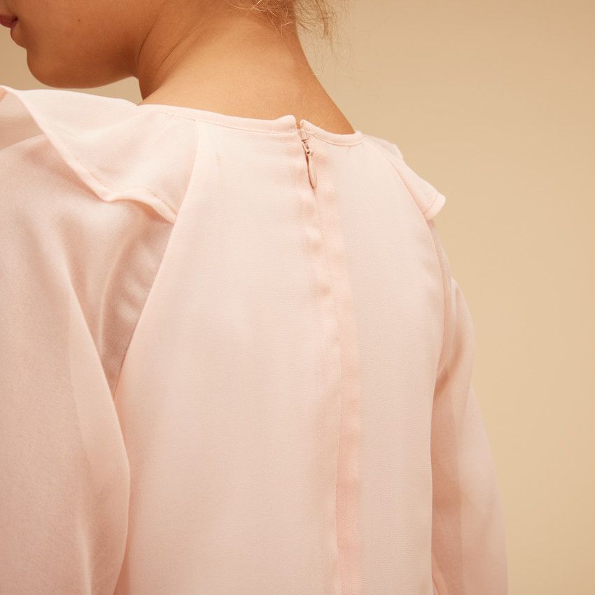 Robe manches longues unie en crêpe pour fille - Rose