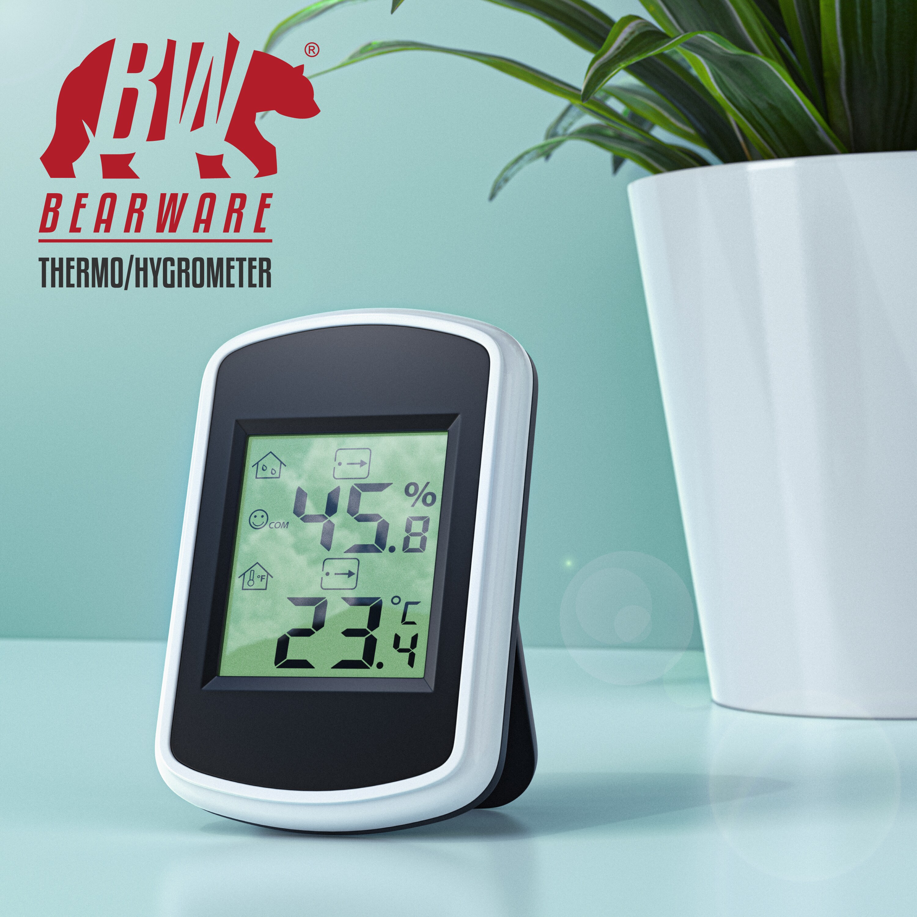 BEARWARE Thermometer Hygrometer - Temperatur und Luftfeuchtigkeitmessgerät - Komfortsymbole - Trendanzeige - °C - Haltemagnete und Standfuß